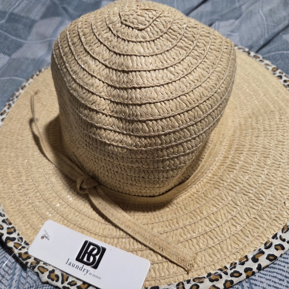 Laundry by Shelli Segal Beige Straw Hat with Animal Print Floppy Leopard Trim